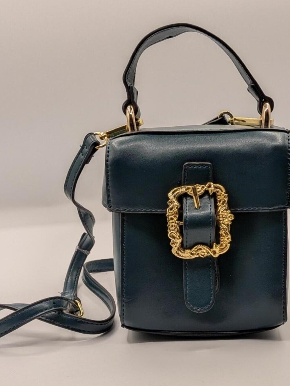 ASOS Emerald Green Structured Box Crossbody Bag Ornate Gold Buckle Top Handle